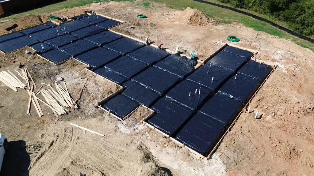 Post-tension foundation ready for the pour (aerial)