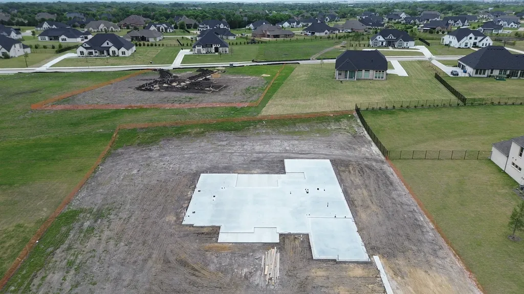 Completed foundation on an acreage lot (aerial)